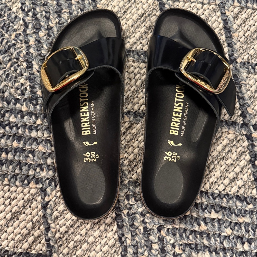 Birkenstock Madrid High Shine Big Buckle Black Sandals Size 36 - Picture 2 of 4